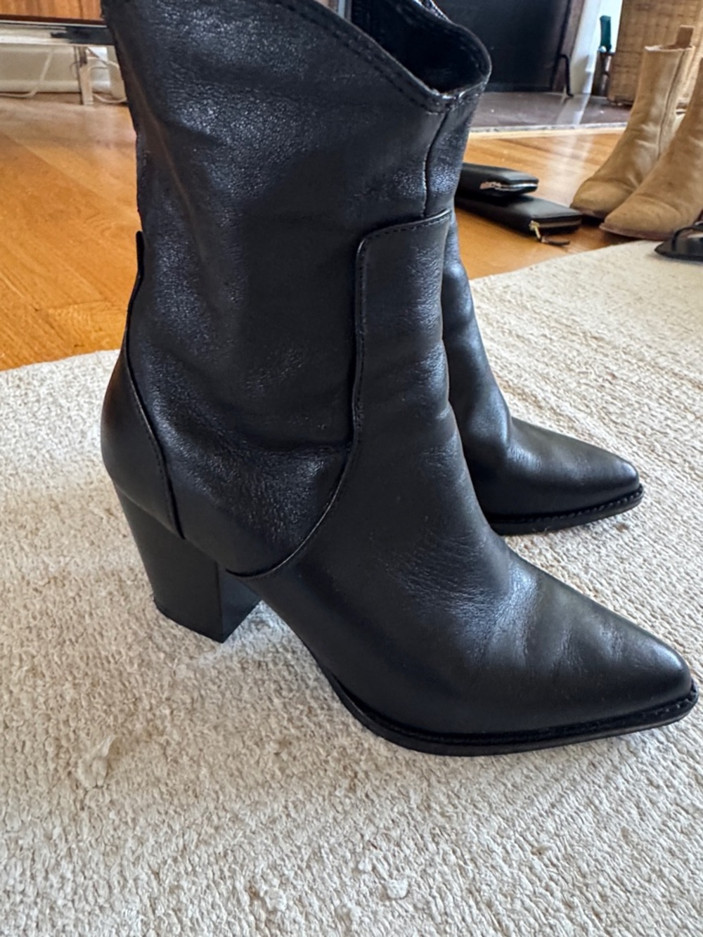Zara Women's Black Leather Mid-Calf Heeled Boots 36